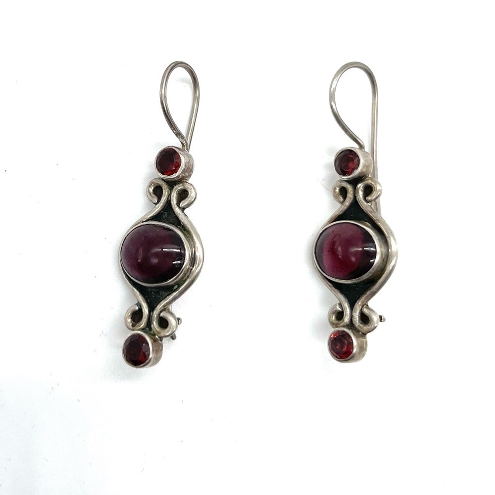 925 Silver Earrings with Red Garnet Stone 1.5 inches Length
